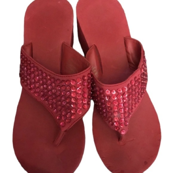 Red sequin size 10 patriotic wedge thong sandals available in navy blue - Picture 1 of 9